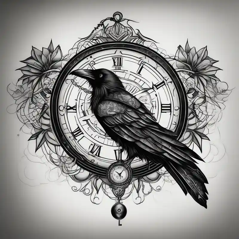 blackwork style Raven Tattoo Ideas in 2025 about left arm tattoo of a raven mandala on a branch next to a clock face half sleeve tattoos for men and left arm tattoo of a raven mandala on a branch next to a clock face half sleeve tattoos for men